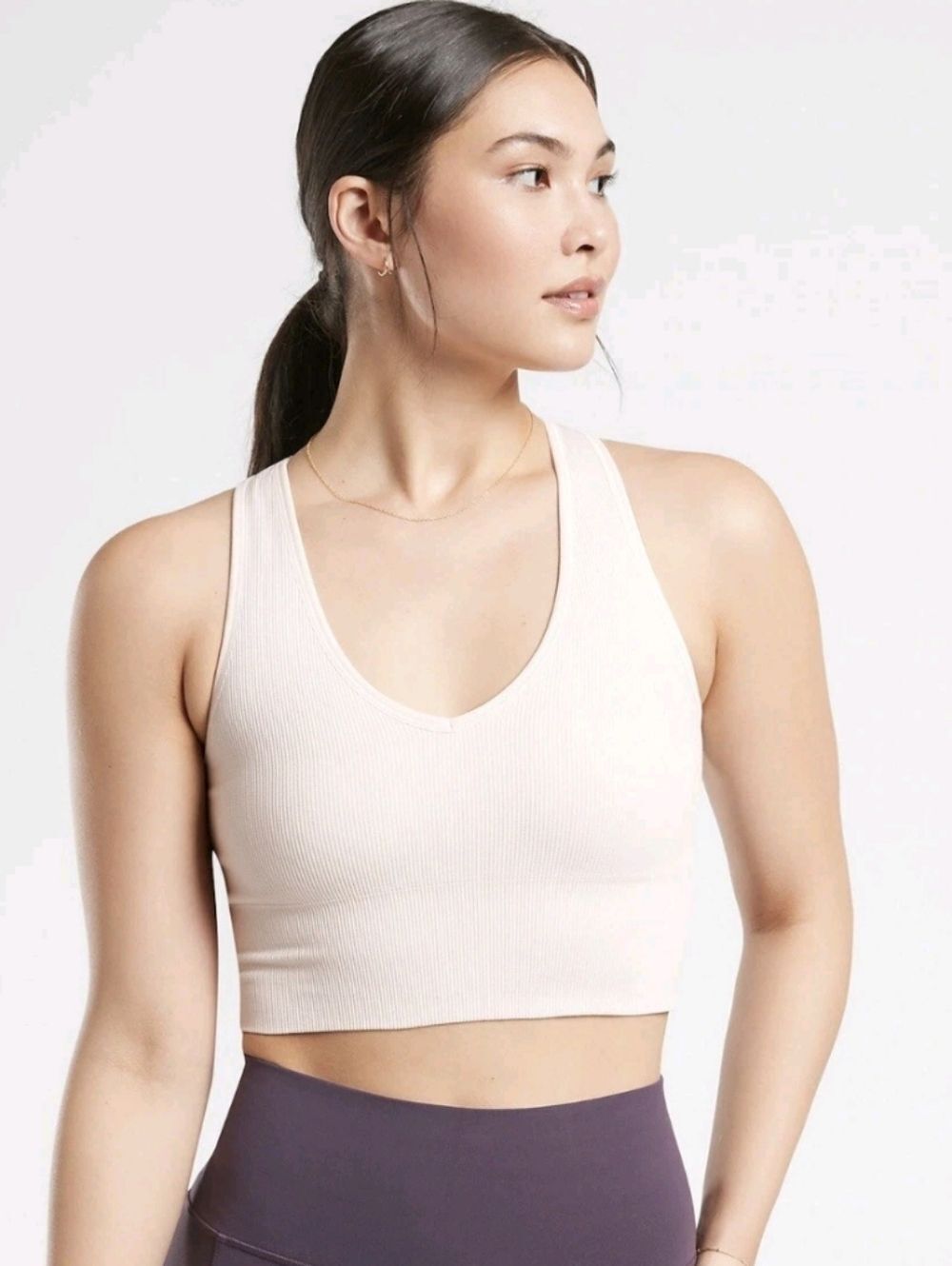 Athleta Womens Off White V Neck Ribbed V-Neck Crop Tank Top Size Small
